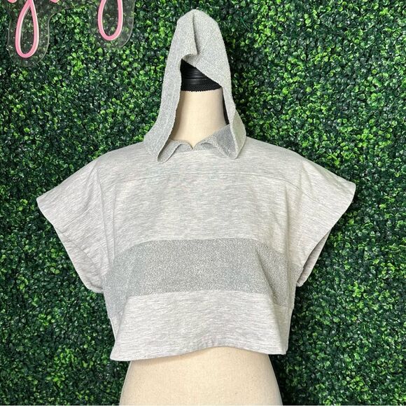 Dolman Cropped Grey French Terry Boxy Block Hoodie Top Sz M - Picture 1 of 8